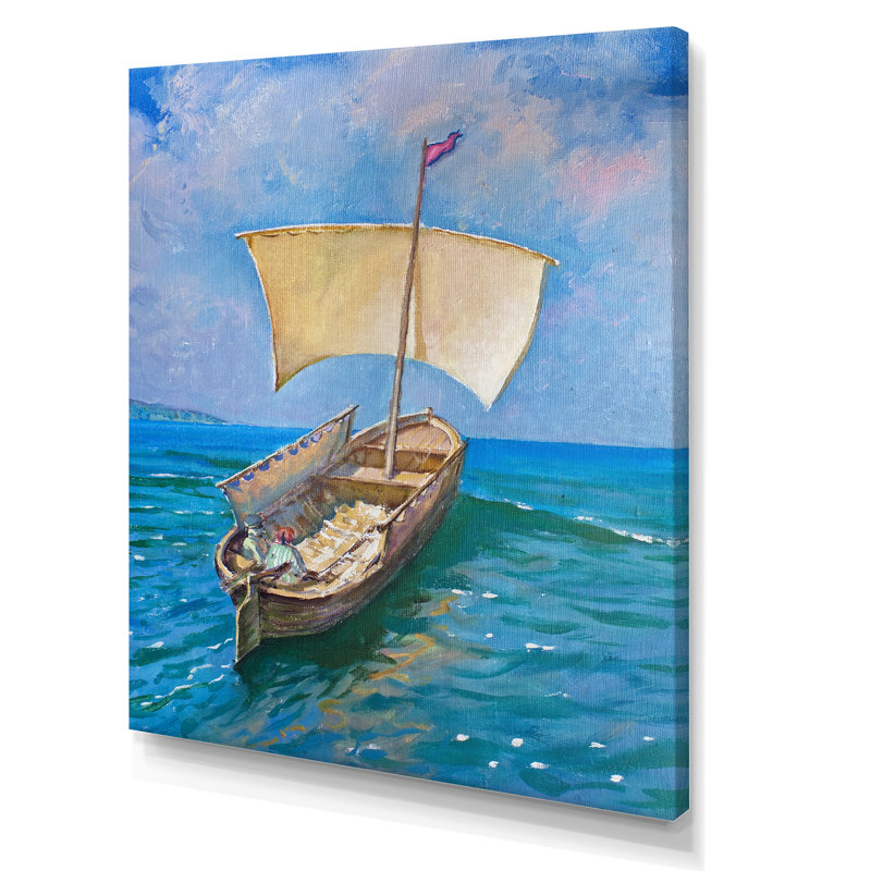 Voilier sur les vagues de l'océan bleu - peinture sur toile, Toile tendue, H 40 po x l 30 po