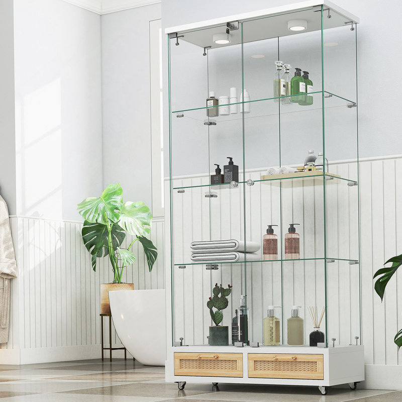 Vitrine avec bibliothèque en verre, grands tiroirs et lumière DEL, Blanc
