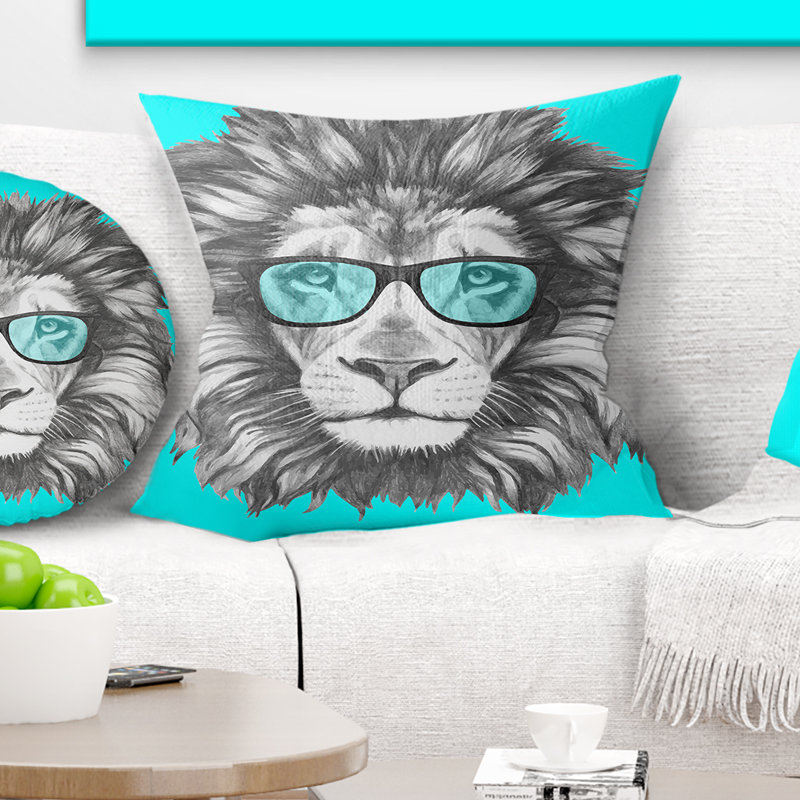 Drôle de lion avec des lunettes bleues - Coussin imprimé animal, 16 po x 1 po, Coussin décoratif