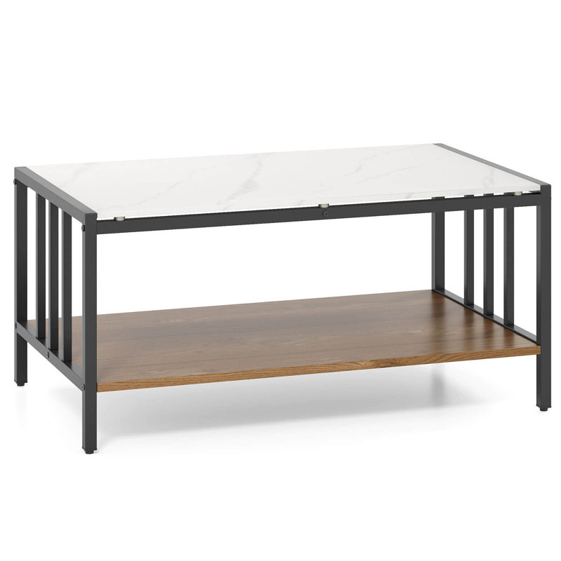 2-Tier Rectangular Coffee Table with Rock Slab Tabletop Open Shelf for Living Room