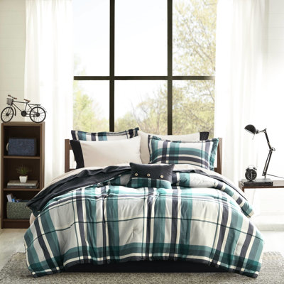 Drap de lit édredon simple TG - 7 pièces de literie en microfibre bleu sarcelle / noir, contraste sur drap plat, peau sûre, preuve, rembourrage et conception classique, lavable à la machine