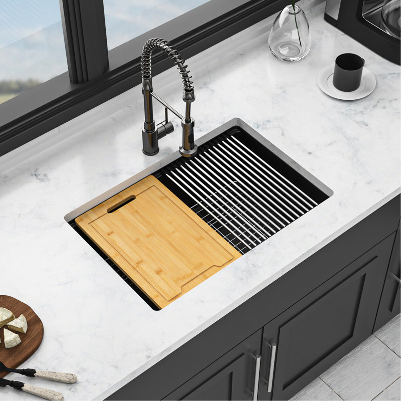 Évier de cuisine 28 pouces par 19 comptoir en quartz noir, matériau haut de gamme, surface lisse, élimine les vibrations, avec grille de séchage et grille inférieure noire, composite de 28 po x 19 po
