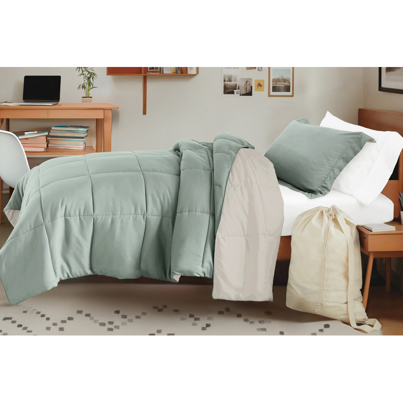 8-PC College Dorm Twin XL Bedding Bundle - Comforter Set, Sheet Set, Pillows and Laundry Bag, Eucalyptus / Natural