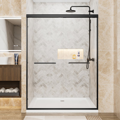 Porte de douche coulissante double demi-cadre l 56 à 60 po x H 72 po avec verre trempé transparent de 1/4 po （6 mm, cadre en aluminium, noir mat