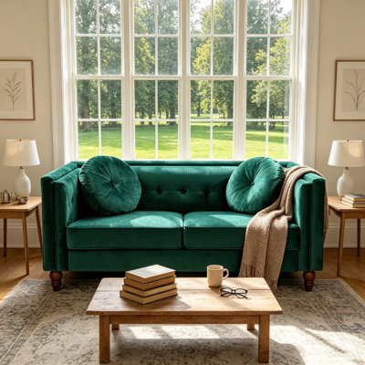 Causeuse Chesterfield de 58 po avec dossier capitonné et accoudoirs carrés, canapé 2 places en velours écrasé avec pieds fuselés en bois - Petit canapé pour salon, appartement, bureau