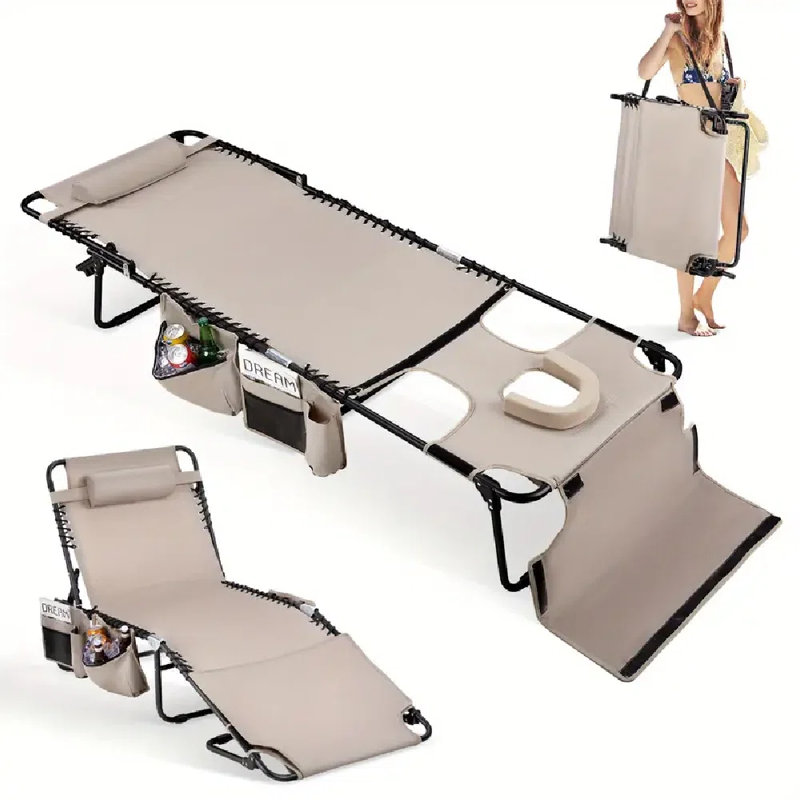 5-Position Adjustable Heavy Duty Chaise Lounge Chair, Fold Camping Patio Chair With Face/Arm Hole With Mattress And Pillow For Outdoor Use