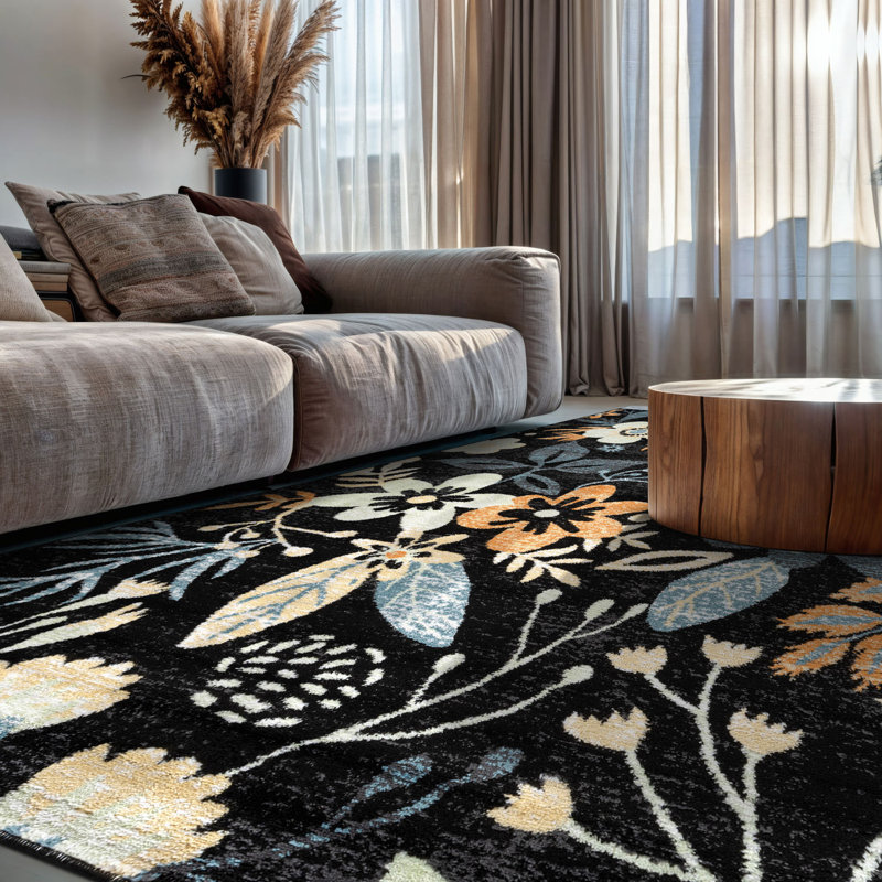 Black Multi Garden Floral Area Rug, Rectangle 7'10" x 10'