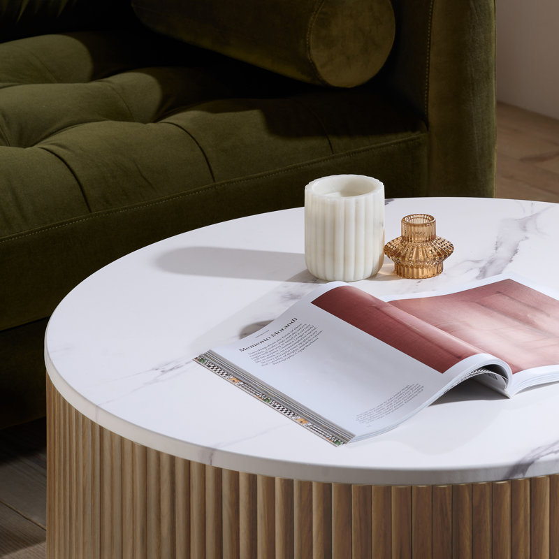 RUSSO Drum Coffee Table with Storage, Oak Wood