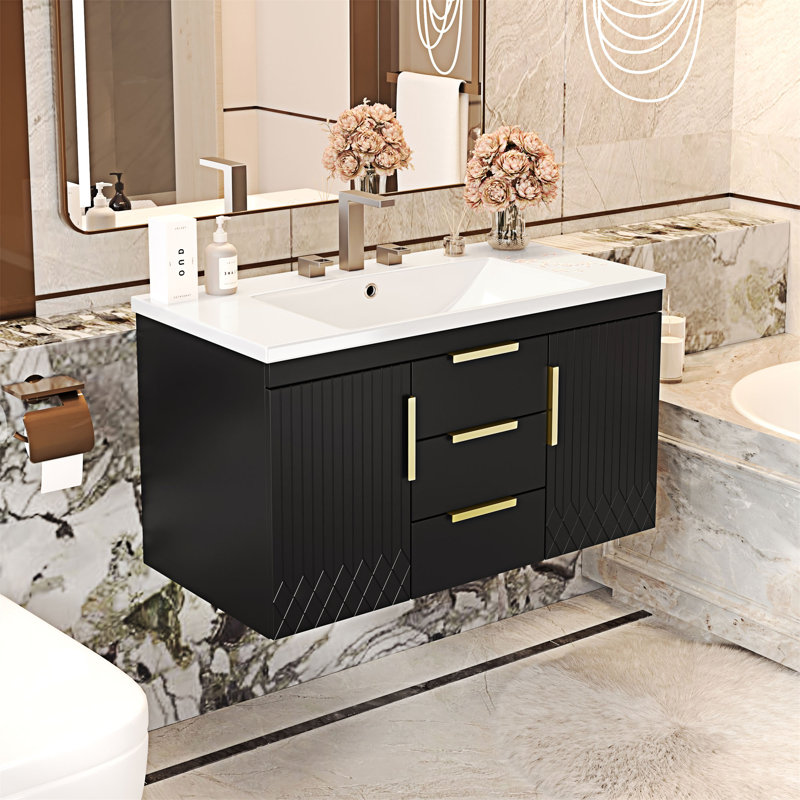 Meuble-lavabo mural avec lavabo en résine, Noir