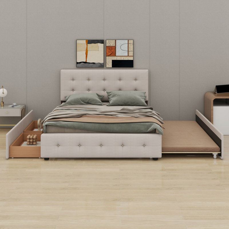 Cadre de lit plateforme tapissier Minimalist avec tiroirs de rangement et lit gigogne, Dark Beige