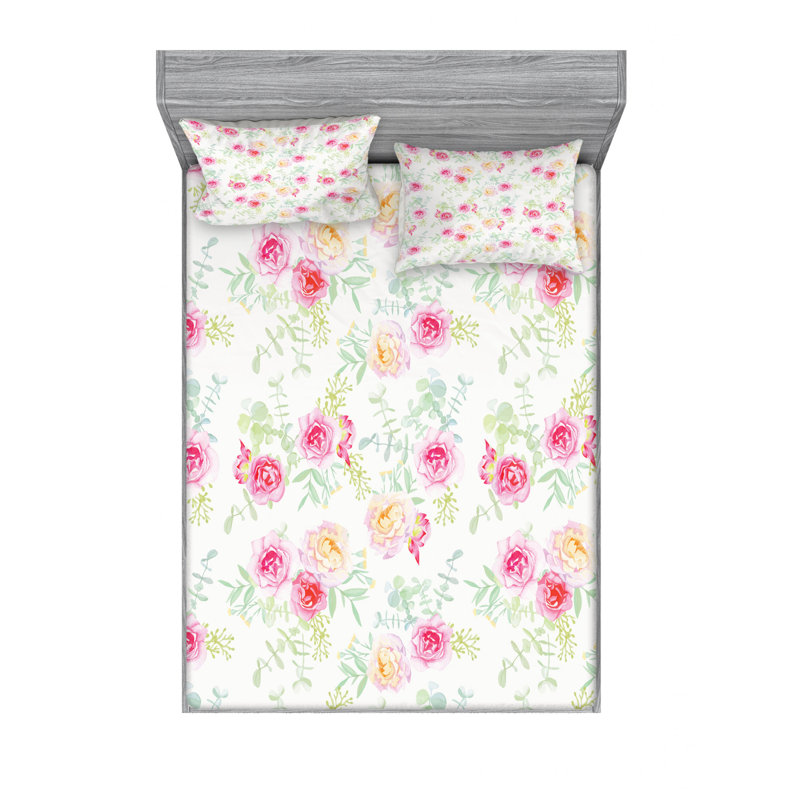 Microfiber Sheet Set, Queen Sheet Set with 2 Pillowcases, Pink/Green/White Floral 1
