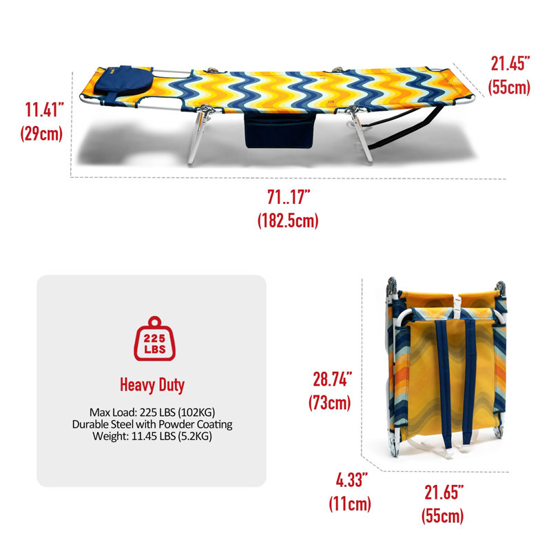 Beach Lounge Chair, Backpack Reclining Beach Chairs Lay Flat, Sun Face Down Tanning Chair, Orange Wave 2pack
