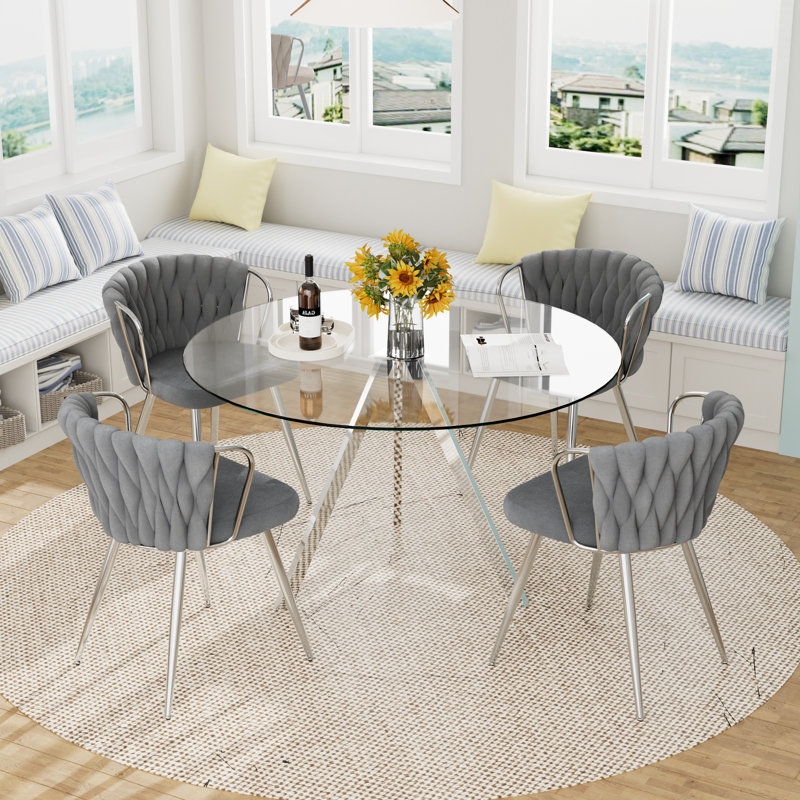 Ensemble de table ronde en verre pour 2 à 4 personnes, H 29,5 po x l 39,2 po x P 39,2 po, 5 pièces: table, 4 chaises, Gris