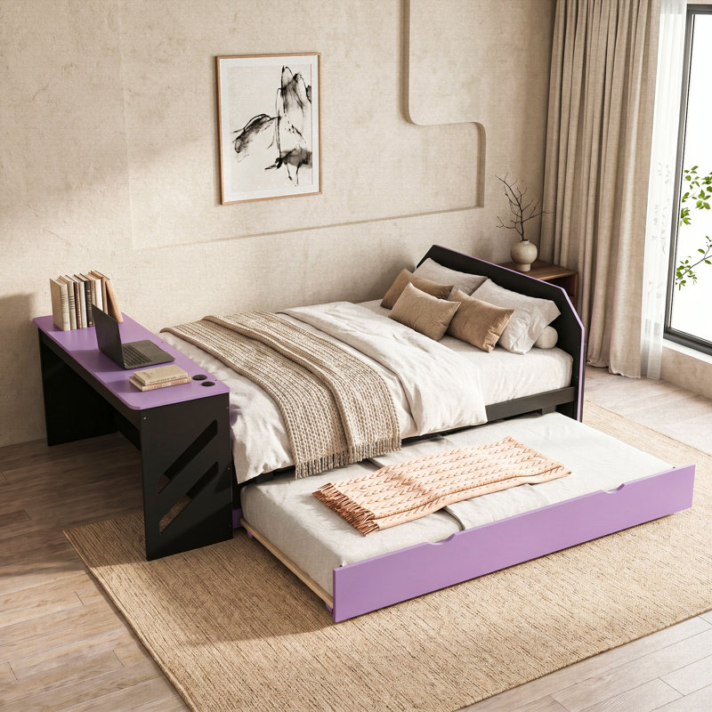 Lit de jour double avec couchette simple, bureau et port USB, Black Purple