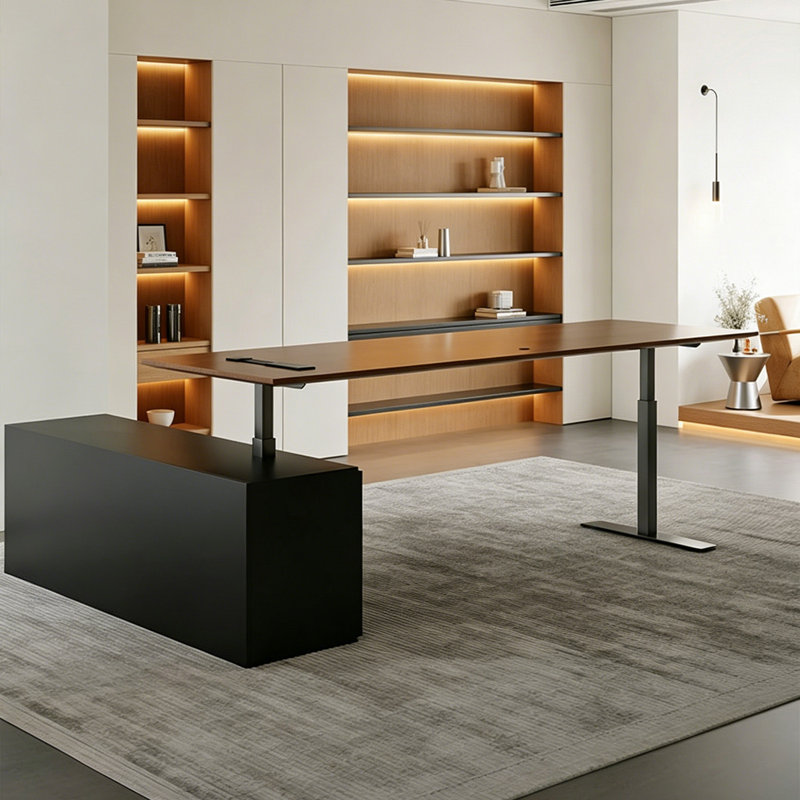 Bureau de direction réglable en hauteur en bois massif brun et noir de 78,74 po, H 49,21 po x l 82,68 po x P 62,99 po