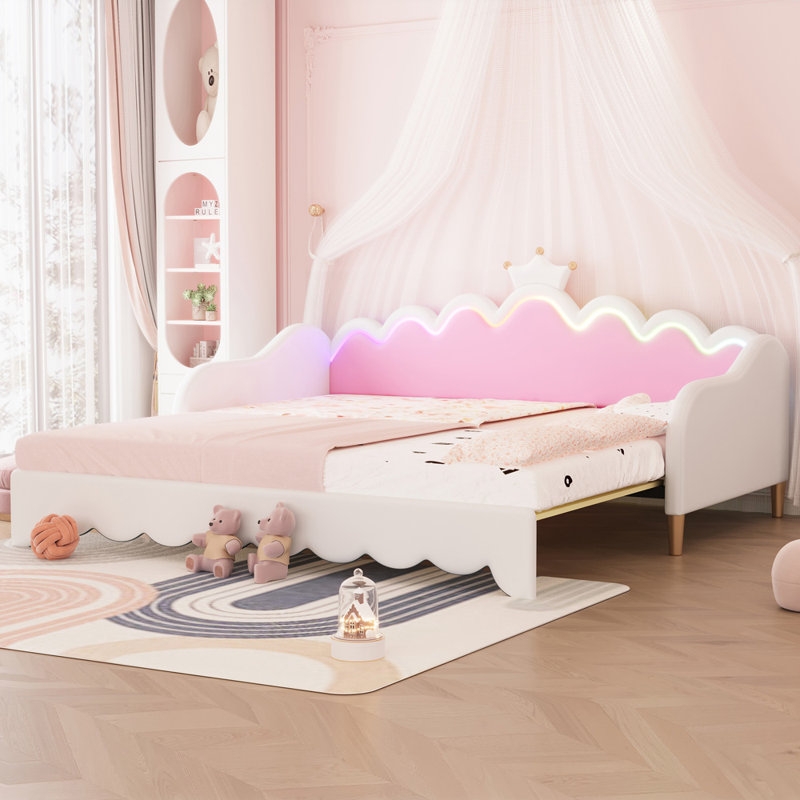Extending Daybed with LED Lights, Modern Upholstered Princess Daybed, Pink/White