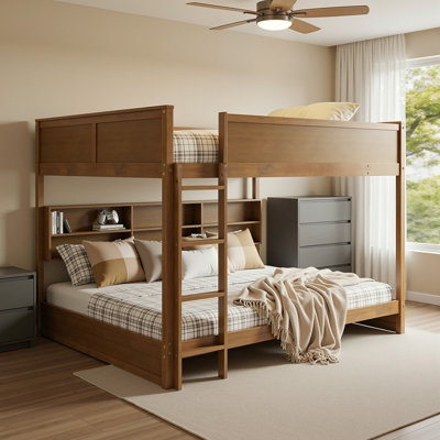 Queen Over Queen Bunk Bed Solid Pine Wood With Built-In Storage Shelves, Integrated Charging Station And Full-Length Guardrails