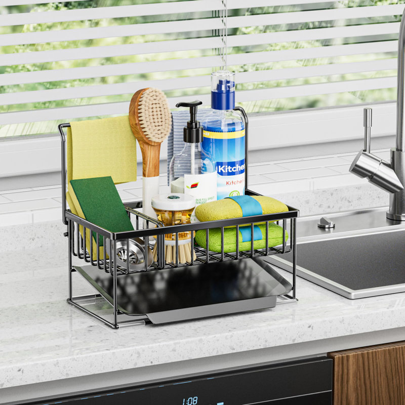 Organisateur d'évier de cuisine en acier inoxydable - Conception de drainage réglable et automatique avec porte-serviettes