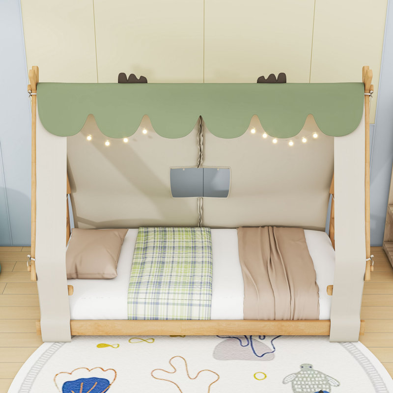 Lit en bois avec lumière et tente, Simple, Blanc