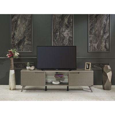 Meuble télé Mid-Century moderne de 66 po avec 2 armoires à portes et 1 tablette en verre avec support brun