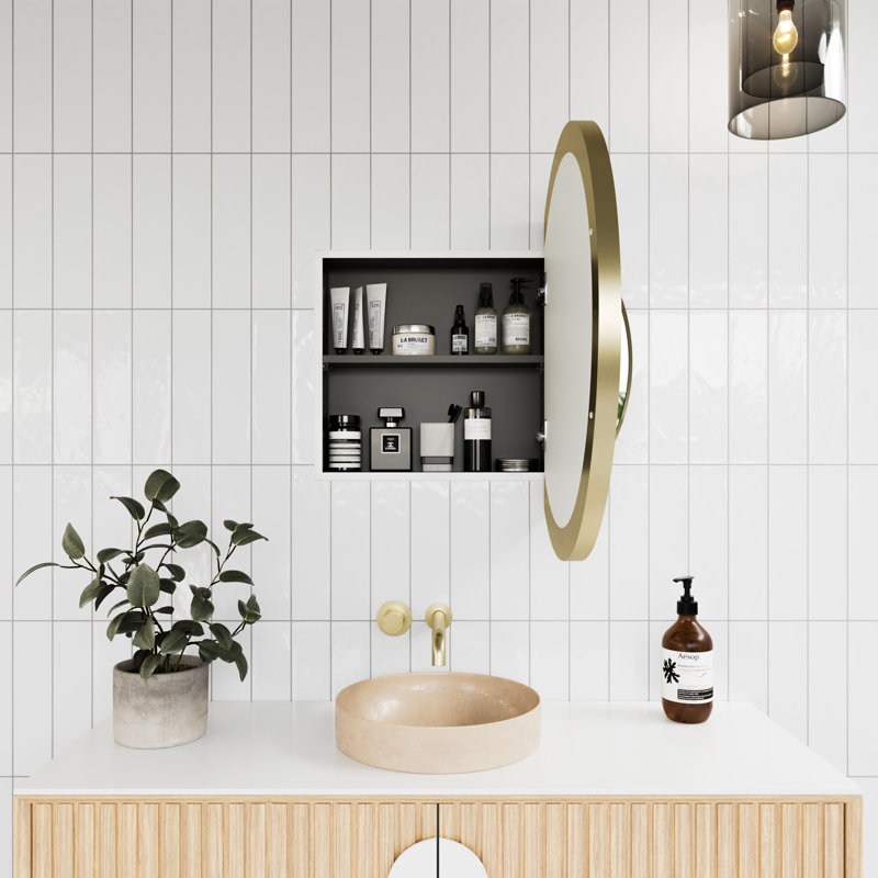 Recessed or Surface Mount Framed One Door Medicine Cabinet, Satin Brass