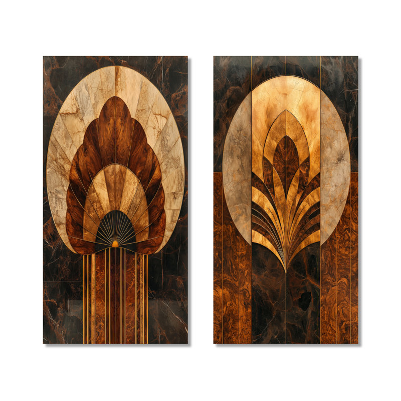Mosaïque noyer Essential Forms I - impression murale contemporaine en métal 2 pièces, 40" H x 40" W