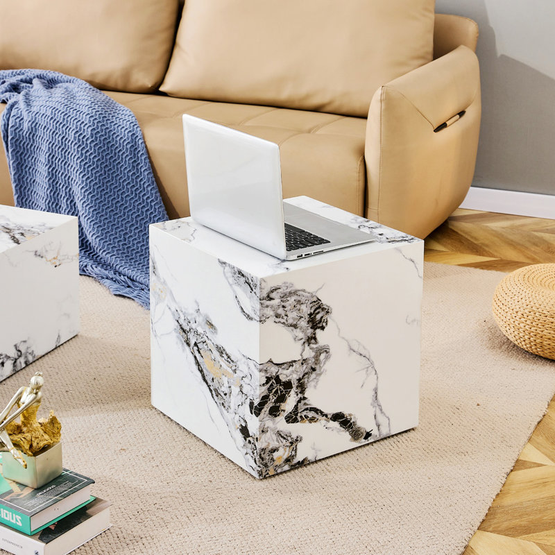 Plerre Modern End Table & Coffee Table, White, 15.75" H x 15.75" W x 15.75" D