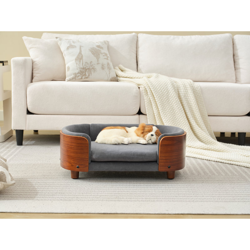 Chetanna Solid Wood Dog Bed with Bent Back & Cushion, Dark Grey, 9.84" H x 26.38" W x 16.14" D