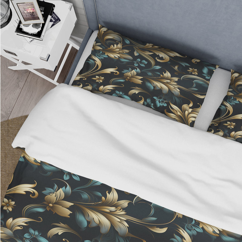 Dark Blue And Golden Techno Damask Realm I - Ensemble de housse de couette en damas