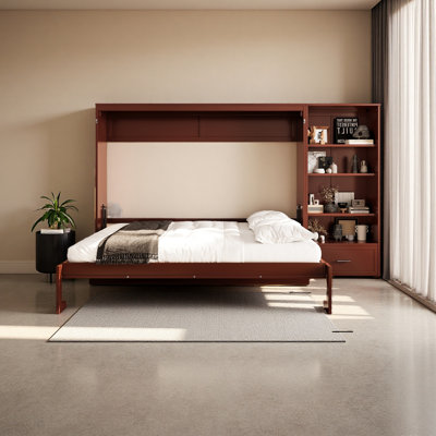 Grand lit escamotable avec compartiments de rangement à hauteur réglable et tablette, cadre de lit mural avec 1 tiroir, lit plateforme pliable multifonctionnel pour petit espace, chambre à coucher, chambre d'amis