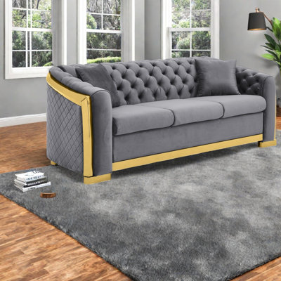 Canapé Chesterfield de luxe, salon moderne en acier et bois de velours de 81 pouces