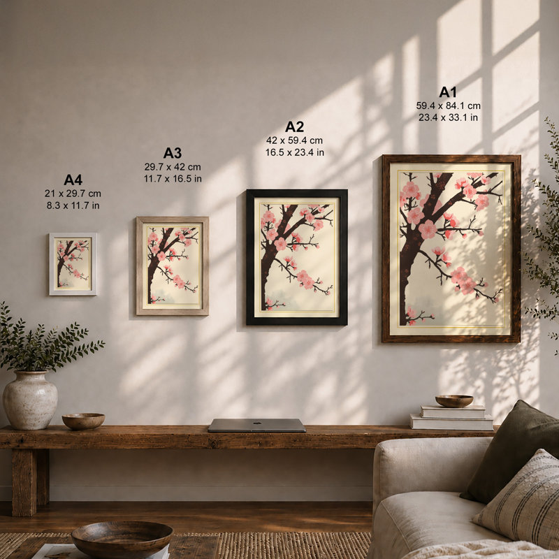Cherry Blossom Branch Japandi - Framed Print, A3 - 42.0 x 29.7 cm, Oak