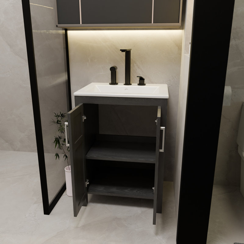 Ensemble de meuble-lavabo moderne moderne de 24 po avec lavabo en céramique blanc et cuve en acier inoxydable