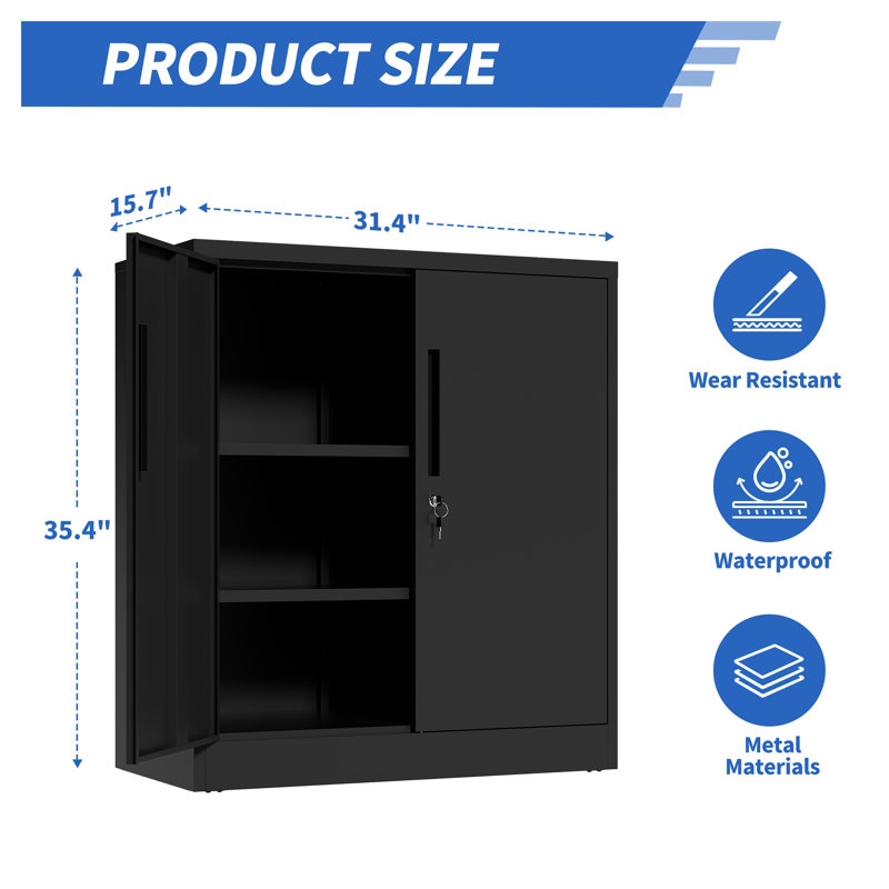Heavy Duty Metal Storage Cabinet with Lock, 2-Door Steel Cabinet with 2 Adjustable Shelves for Garage, Office, Home Organization (Black, 35.4"H)