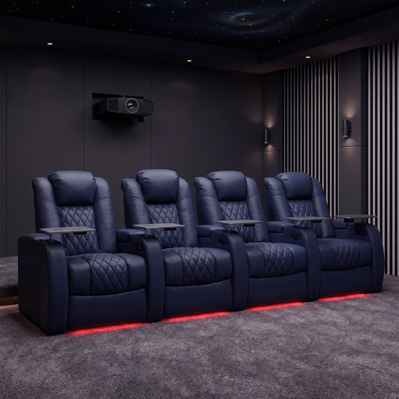 Leather Power Reclining Home Theater Seating with Cup Holder, Blue Genuine Leather