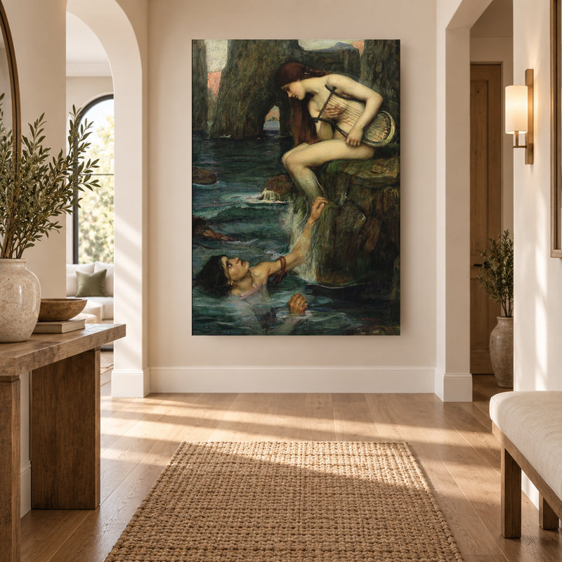 Dark Green Pre-Raphaelite Siren and Sailor Canvas Print, 18" H x 12" W