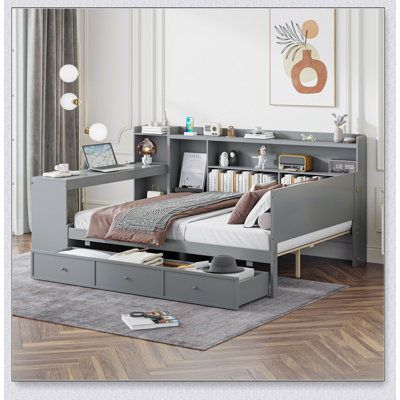 Full Size Wooden Daybed With 3 Drawers, USB Ports And Desk
