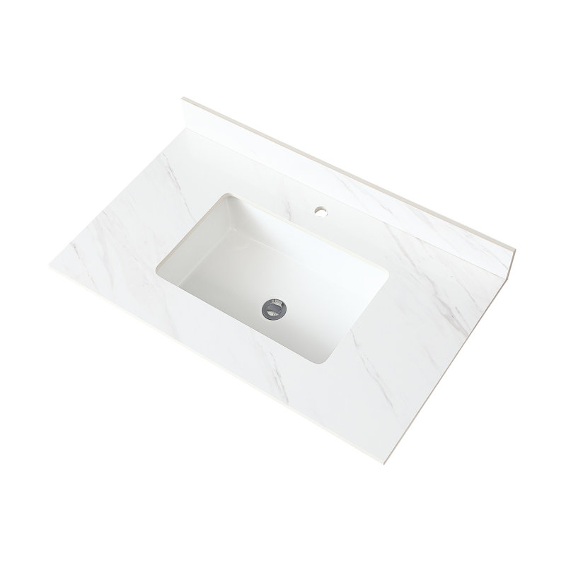 Dessus de meuble-lavabo en pierre frittée blanche 37 po avec dosseret 4 po et douille pré-percée pour lavabo rectangulaire 37 po