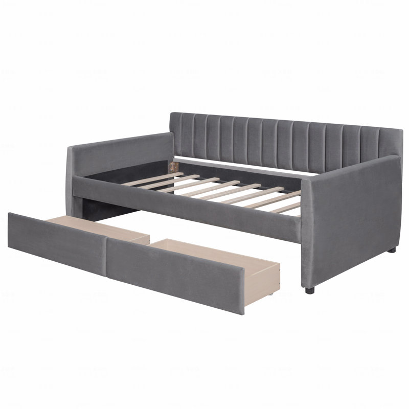 Twin Size Upholstered Daybed With Drawers, Wood Slat Support, Gray