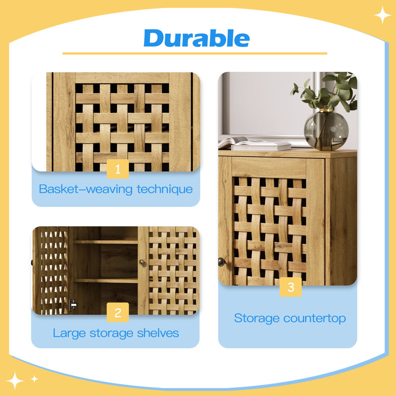 Storage Cabinet with 2 Basket Weave Wooden Doors, Coffee Bar Cabinet with Adjustable Shelves, Vintage Buffet Sideboard for Living Room