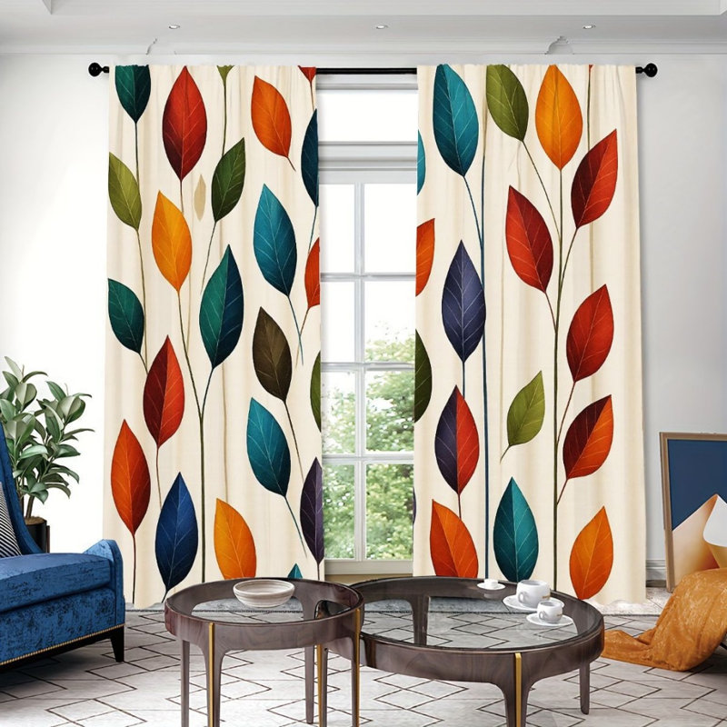 2 pièces de rideaux à feuilles botaniques modernes, motif de feuilles multicolores vibrantes, filtrant la lumière, style contemporain artistique, décor de fenêtre d'étude de salon toutes saisons