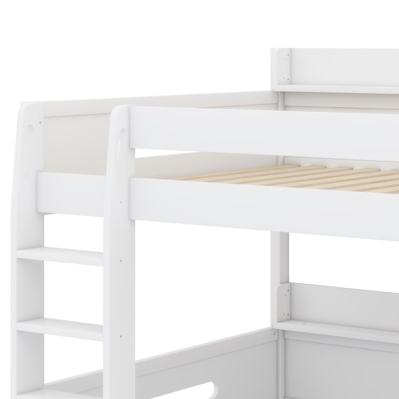 Multi-functional bunk bed system with shelves and convenient USB power outlets, White