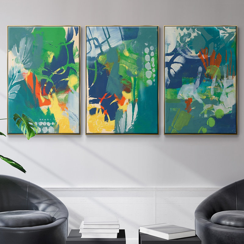 Impression tropicale encadrée sur toile 3 pièces, H 36 po x l 72 po x P 2 po, Or