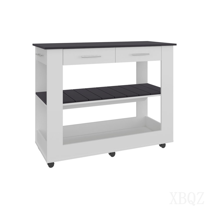 Îlot de cuisine avec deux petits tiroirs et deux compartiments ouverts en dessous, solution de rangement compacte pour l'organisation de la cuisine