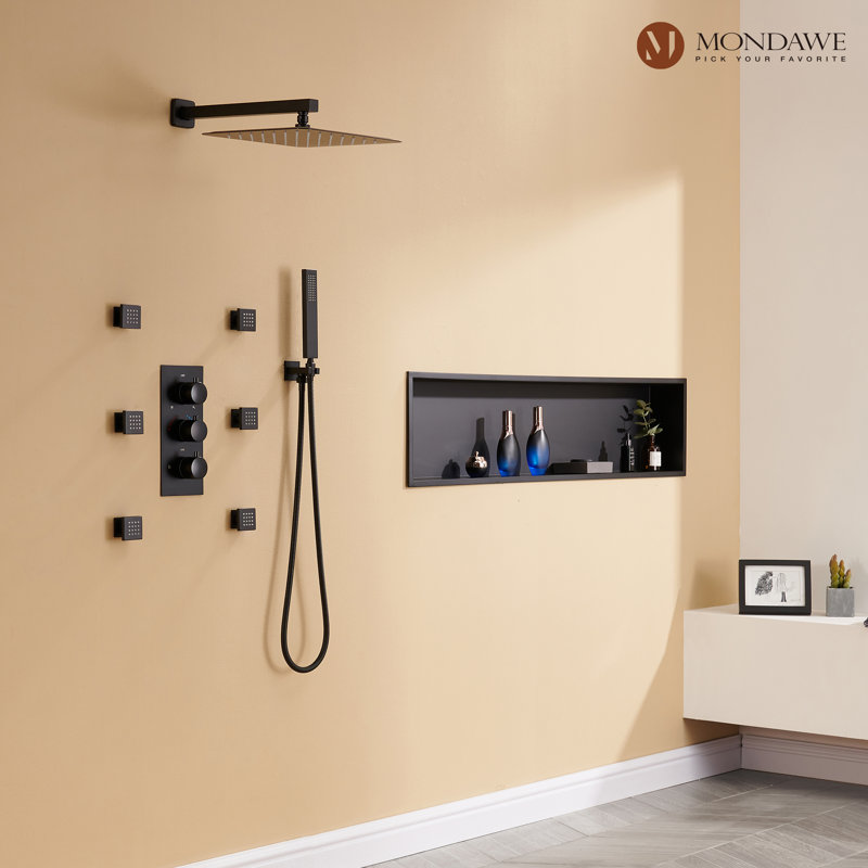 Matte Black Thermostatic Shower System with Handheld Spray and Body Jets