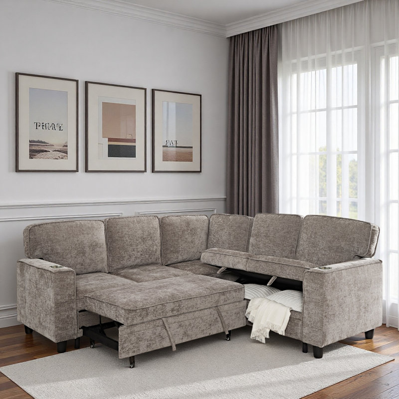 L-shaped Sectional Sofa With Storage Seat, Usb And Cup Holders, Light Brown Chenille