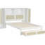 Un lit en bois pour enfants avec deux armoires de rangement, des tiroirs et des tablettes de rangement pour la tête de lit, comprenant un lit plateforme multifonctionnel en osier naturel.