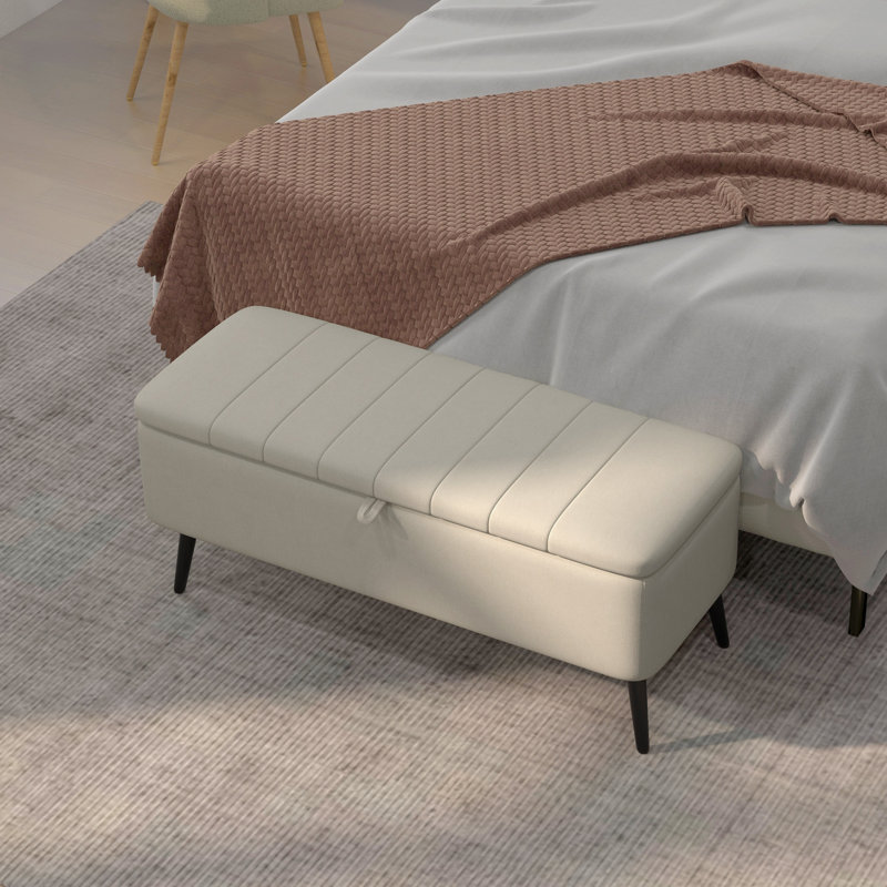 Banc de rangement avec repose-pieds, tabouret en lin blanc crème