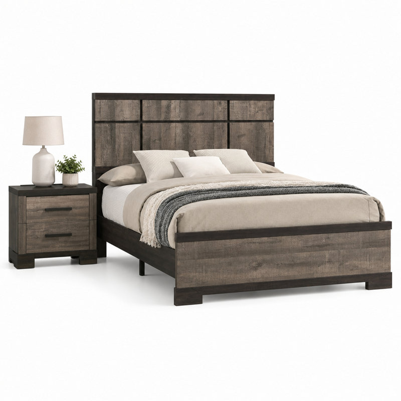 Ensemble de chambre pour très grand lit, gris, bois noir ébène, ensemble de 2 pièces avec table de chevet, Très grand lit