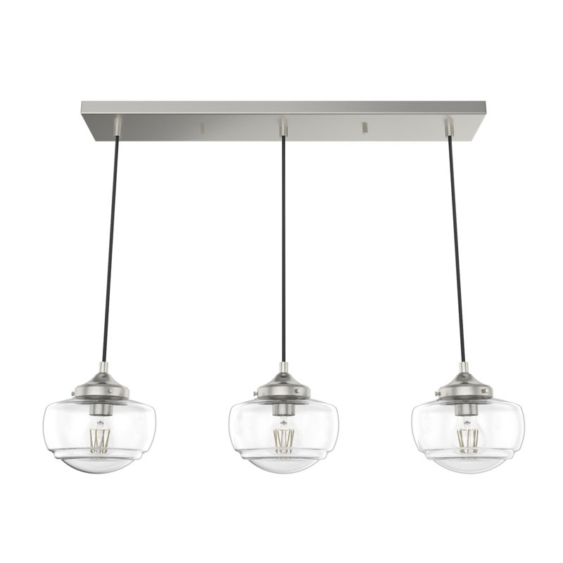 Saddle Creek 3 Light Linear Schoolhouse Cluster Pendant, Brushed Nickel, Clear Seeded
